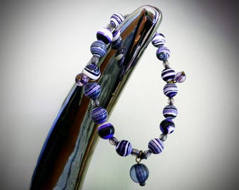 Purple Malachite Gemstone Bead Bracelet w/ Glass Bead Charms