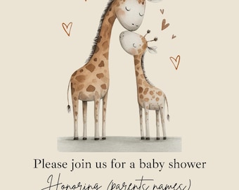 Może przedstawiać: Zaproszenie na baby shower z akwarelową ilustracją dwóch żyraf, dorosłej i dziecka, z sercami. Tekst brzmi "New Baby Is On the Way!" i "Please join us for a baby shower".