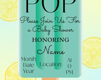 Zaproszenie na baby shower w kształcie lodów na patyku: edytowalny szablon Canva (do pobrania cyfrowego)