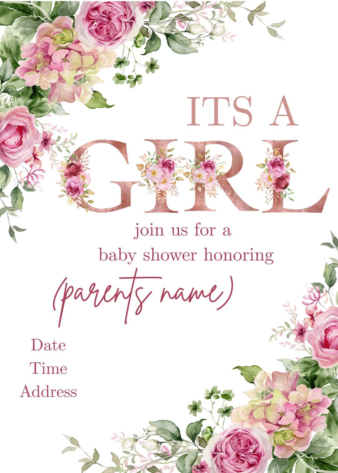 Pink Floral Baby Shower Invitation: Editable Canva Template (5x7 Inches ...
