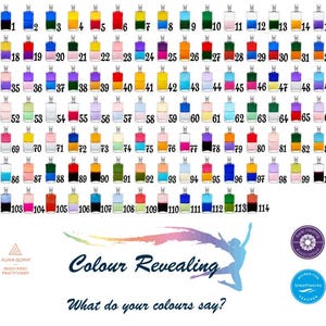 May include: A collection of 114 numbered, colorful Aura-Soma Equilibrium bottles. Each bottle contains two liquid layers of different colors. The image includes the text "Colour Revealing" and "What do your colours say?"
