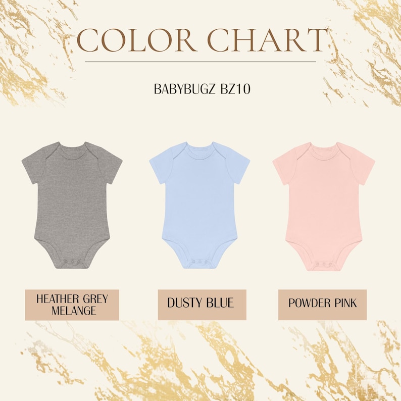 Puede incluir: Carta de colores con tres bodies de beb&eacute; en gris jaspeado, azul empolvado y rosa empolvado. El texto "COLOR CHART" y "BABYBUGZ BZ10" se muestran en la parte superior. Cada body se muestra sobre un fondo crema con detalles dorados.