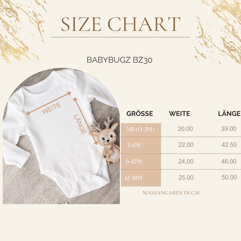 Puede incluir: Tabla de tallas para un body blanco de beb&eacute;. Las medidas en cent&iacute;metros se muestran para las tallas NB (0-3M), 3-6M, 6-12M y 12-18M. Tambi&eacute;n se ve el texto "SIZE CHART" y "BABYBUGZ BZ30".