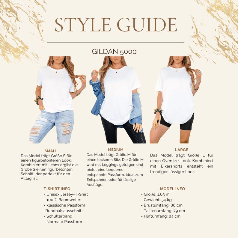 May include: A style guide for a Gildan 5000 unisex jersey t-shirt featuring three images of the same white crew neck t-shirt worn in sizes small, medium, and large. The graphic includes text detailing fit, material, and model measurements in centimeters.