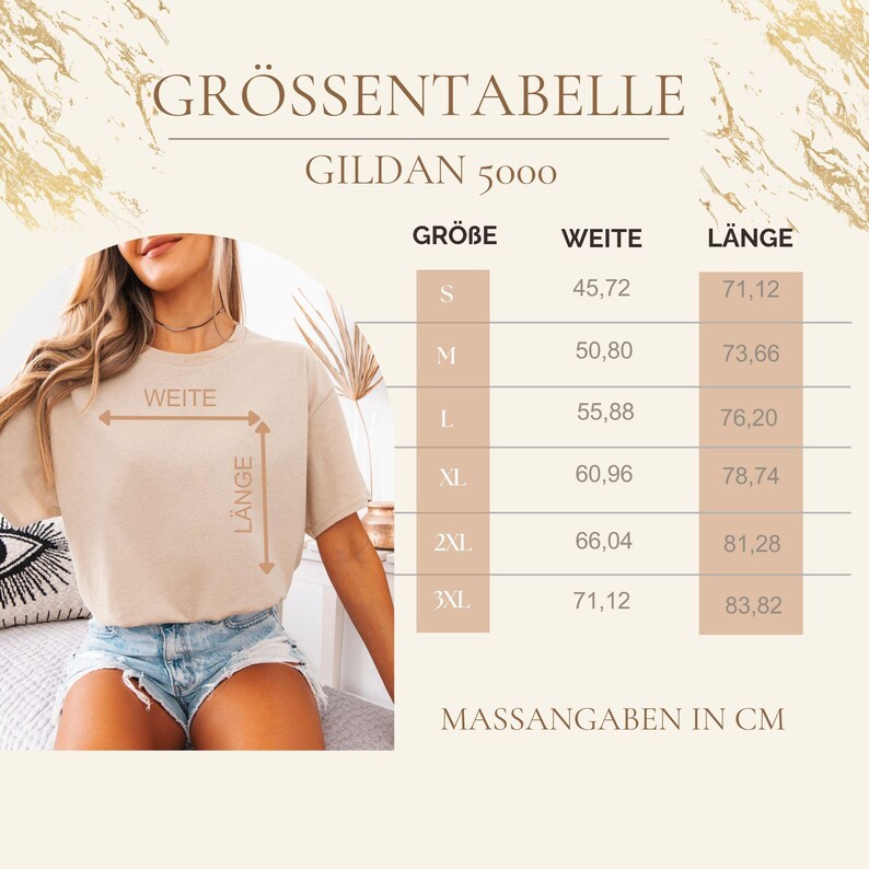 May include: A beige t-shirt size chart for Gildan 5000. The chart lists sizes S through 3XL with corresponding width and length measurements in centimeters. A diagram on the left illustrates how to measure width and length on a beige t-shirt.