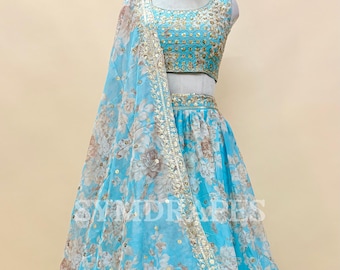 Sky Blue Organza Lehenga Choli for Women – Sequins Embroidered Indian Wedding Wear