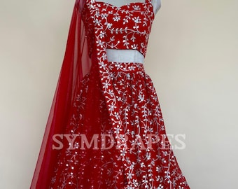 Red Sequins Embroidered Lehenga Choli, Indian Wedding Dress