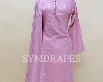 Pink Farshi Shalwar Suit, Crepe Silk, Full Sleeve, Potli Pattern Neck, 3 Piece Set