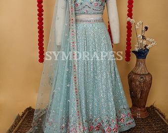 Sky Blue Sequins Georgette Lehenga Choli: Indian Wedding Guest Bridesmaid Party Dress