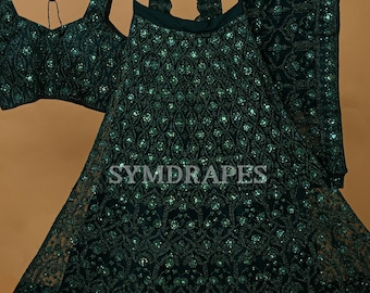 Bottle Green Lehenga Choli, Heavy Sequins Embroidery, Women's Evening Wear