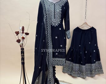 Black Sharara Suit for Women: Silk Sequins Embroidered Indian Pakistani Wedding Partywear 3 Piece