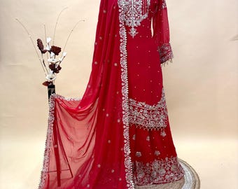 Red Sequin Embroidered Georgette Sharara Set – Indian Wedding Guest Party Wear