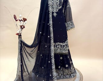 Wedding Wear Georgette Black Sharara - Sequins Gold Embroidered Pakistani Designer 3 Piece Dress