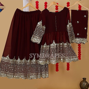 Pakistani style Long Kurta With Lehenga & Dupatta, Georgette heavy sequins embroidered Work, Partywear Dress, Wedding Dress, Top Lehenga