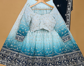 Sky Blue Floral Sequins Lehenga Choli, Georgette Wedding Party Wear