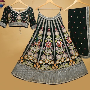 Alluring Green Georgette Lehenga Choli Dupatta Heavy Embroidered Sequins Zari Thread work, Wedding Partywear Function Lehenga Choli For Girl