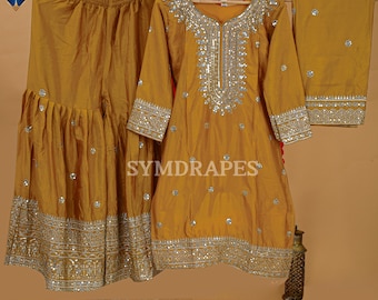 Mustard Yellow Silk Sharara Set: Embroidered Pakistani Wedding Partywear