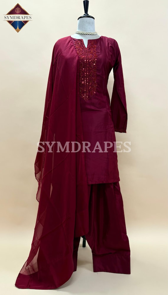 Maroon Silk Farshi Shalwar Suit – Embroidered Organza Dupatta, 3-Piece Set
