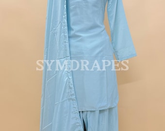 Sky Blue Silk Farshi Shalwar Suit, Full Sleeve, Potli Pattern Neck, 3 Piece Set