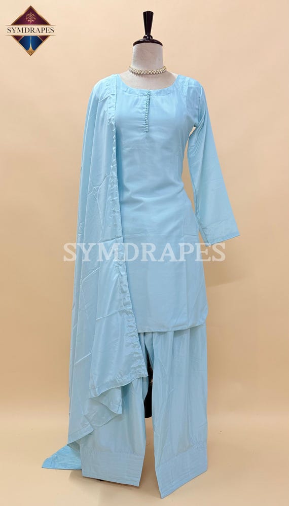 Sky Blue Silk Farshi Shalwar Suit, Full Sleeve, Potli Pattern Neck, 3 Piece Set