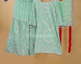 Costume Sharara vert menthe en georgette : tenue de mariage pakistanaise brodée de paillettes