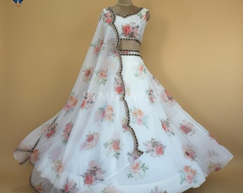 White Organza Lehenga Choli for Women - Floral Printed Indian Pakistani Wedding Party Dress