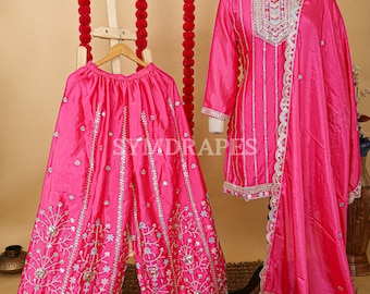 Pink Chinnon Silk Kurta Palazzo Set: Embroidered Indian Wedding Outfit