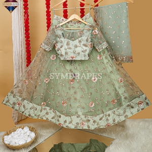 Trendy Mint Green Soft Net Lehenga Choli for Women, Floral Sequins Choli With Back Tie Closure and Designer Cutwork Lace Border Dupatta