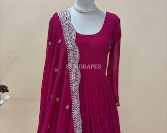 Pink Georgette Anarkali Gown – Sequin Lace Dupatta, Indian Wedding Dress