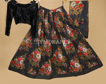 Black Floral Print Organza Lehenga: Silk Embroidered Choli & Dupatta