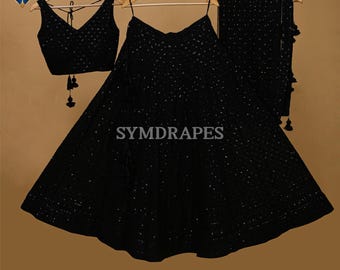 Black Sequin Embroidered Lehenga Choli: Georgette Indian Wedding Dress
