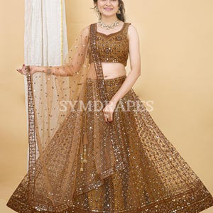 Brown lehenga choli for women wedding guest heavy sequins embroidered soft net lehenga choli for girls Party wedding function lehenga