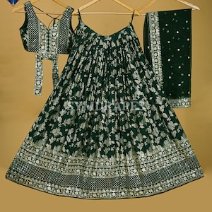 Glamorous Green Lehenga Choli Wedding Guest Weaving Jacquard Heavy Embroidered Zari Sequins Thread Designer Sweetheart Neck Blouse & Dupatta