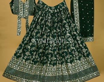 Green Jacquard Lehenga Choli: Zari Sequins Embroidered Wedding Guest Dress