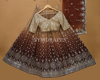 Beige to Brown Ombre Sequins Lehenga Set, , Zari & Sequence Work, Indian Wedding Guest Dress