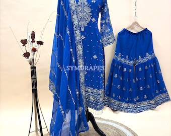 Royal Blue Georgette Sharara Suit : Sequins Embroidered Indian Pakistani Wedding Partywear 3 Piece