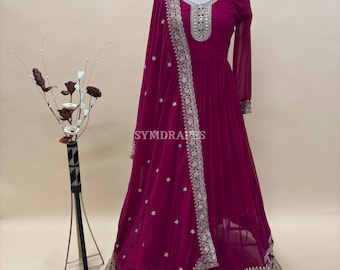 Pink Anarkali Gown, Sequins Embroidered Georgette Indian Dress, Dupatta