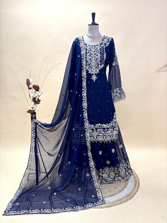 navy blue color pakistani dresses Sharara Suit Color:ROYAL BLUE