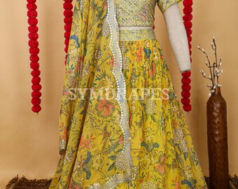 Floral Print Yellow Lehenga Choli – Organza with Sequins & Zari Embroidery