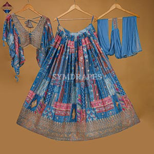 Stylish Sky Blue Lehenga Choli for Women Wedding guest Heavy Embroidered Zari Thread designer Kaftan style Choli with Trendy Lace Dupatta