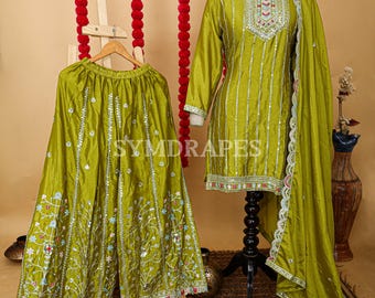 Embroidered Silk Kurta Palazzo Set: Mehendi Green Indian Wedding Dress
