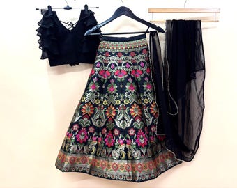 Black Banarasi Silk Kids Lehenga, Girls Lehenga, Floral Print, 3 Layer Frill Blouse Sleeve, Tassels, Gold Lace Border Dupatta