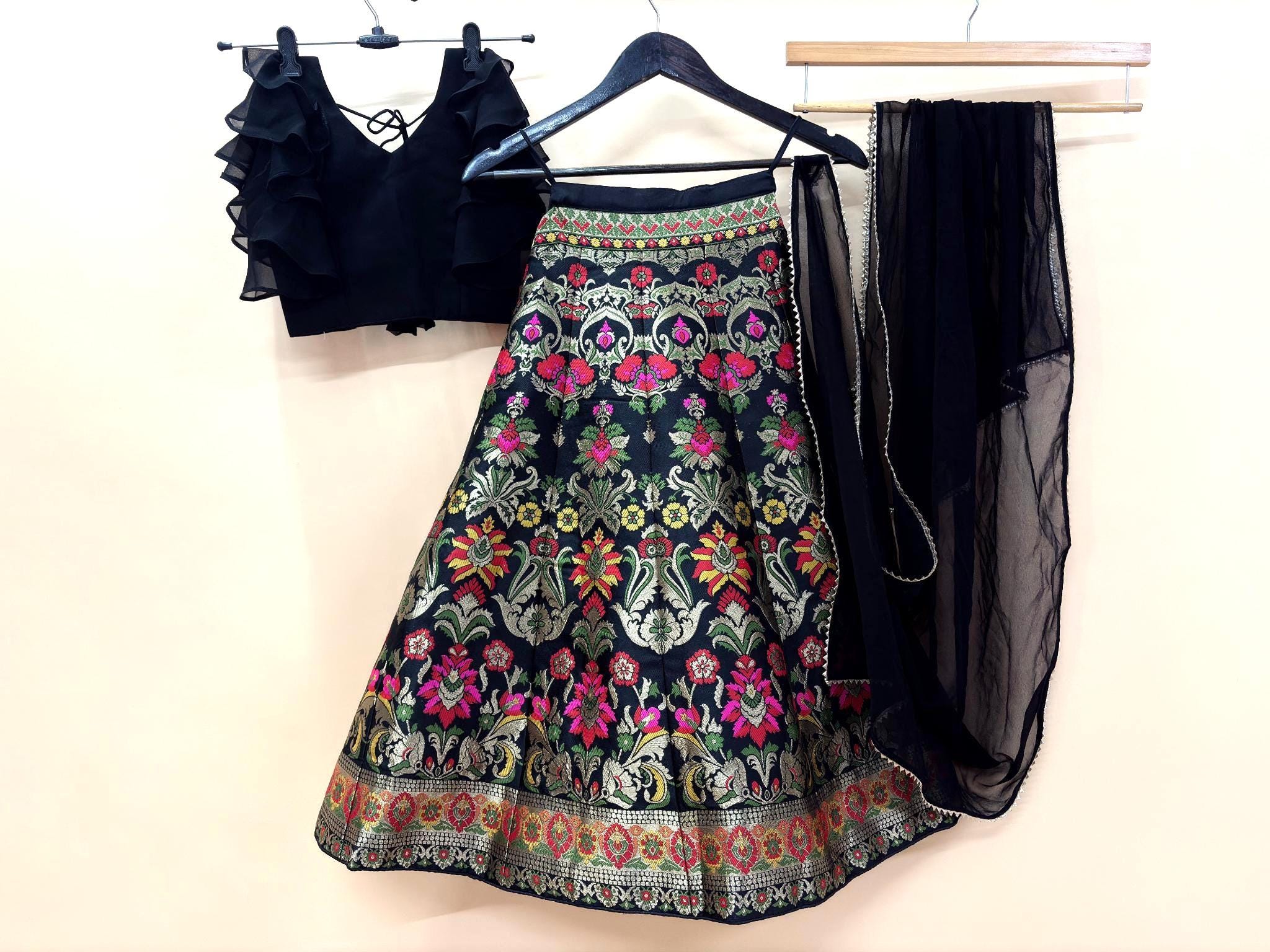 Black Banarasi Silk Kids Lehenga, Girls Lehenga, Floral Print, 3 Layer Frill Blouse Sleeve, Tassels, Gold Lace Border Dupatta