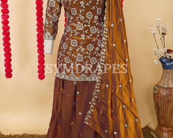 Embroidered Silk Lehenga Kurta Set – Gold Brown Indian Party Dress
