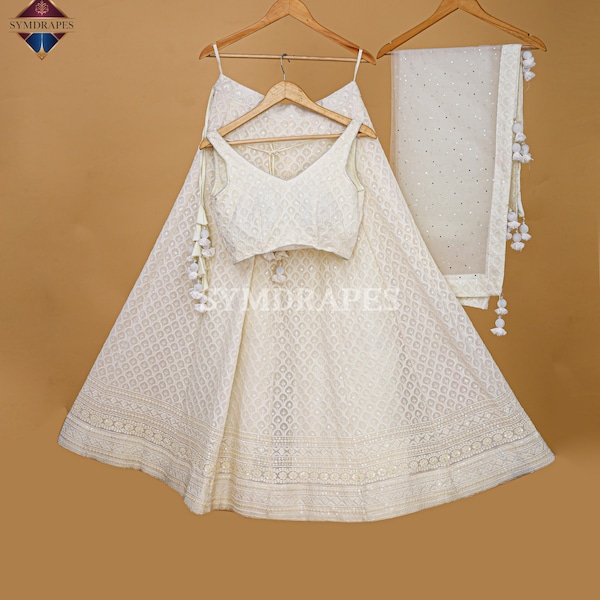 White Georgette Lehenga Choli, Heavy Sequins Embroidery, Net Dupatta