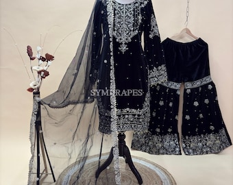 Black Velvet Sequin Gold Embroidered Sharara Suit | Indian Party Outfit