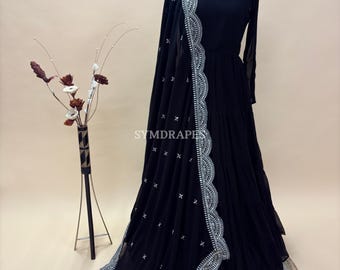 Robe noire en georgette Anarkali - Dupatta en dentelle à sequins, robe de fête indienne