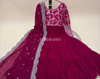 Rani Pink Anarkali Gown – Indian Wedding Party Dress, Sequin Lace Dupatta