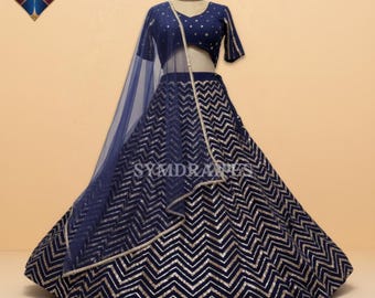 Blue Sequin Georgette Lehenga Choli, Indian Wedding Dress