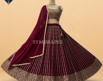 Wine Georgette Lehenga Choli, Sequins Embroidered Bridal Sangeet Dress